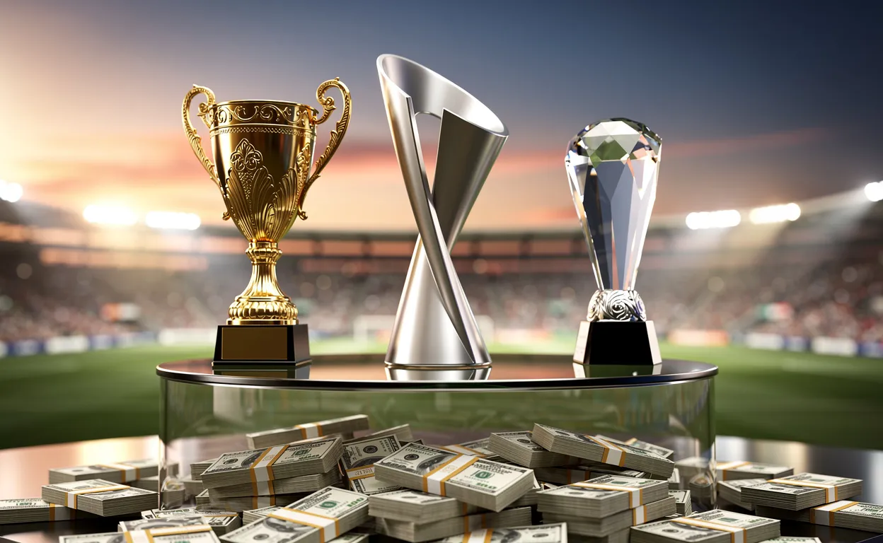 Trois trophées sportifs en métal sont exposés sur un podium en verre entouré de liasses de billets, avec un stade éclairé en arrière-plan au coucher du soleil.