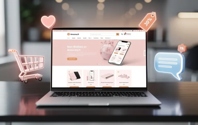 Un ordinateur portable affiche la page d’accueil d’Amorea.fr sur un bureau moderne, entouré d’icônes marketing comme un panier et une bulle de discussion sous un éclairage doux.