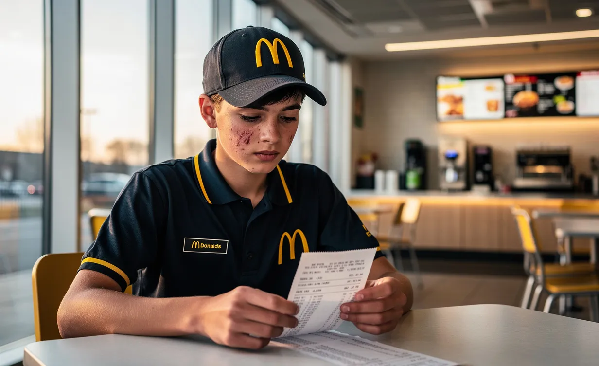 Un adolescent en uniforme de McDonald's examine attentivement une fiche de paie assis à une table, baigné par la lumière du matin dans un restaurant moderne.