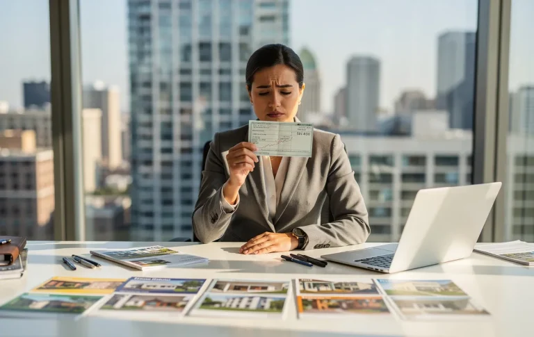 Un agent immobilier assis à un bureau moderne examine un bulletin de salaire affichant des chiffres variables, entouré de brochures et d’un ordinateur, avec des immeubles visibles derrière une grande fenêtre.