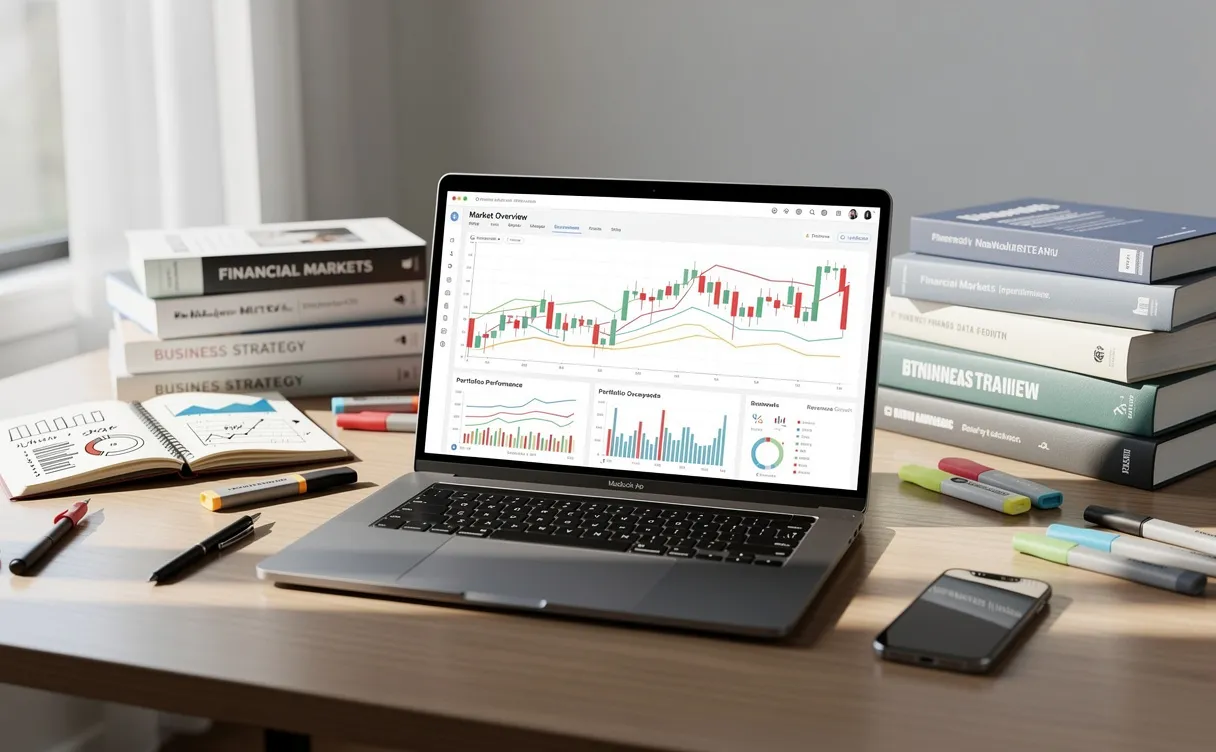 Un ordinateur portable montre des graphiques financiers sur un bureau bien rangé avec des livres et des documents d’affaires à la lumière du jour.