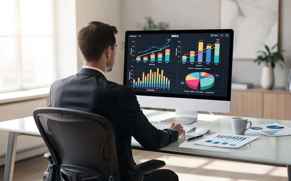 Un contrôleur de gestion assis de dos analyse des graphiques de salaires sur un grand écran dans un bureau moderne éclairé par la lumière du jour.