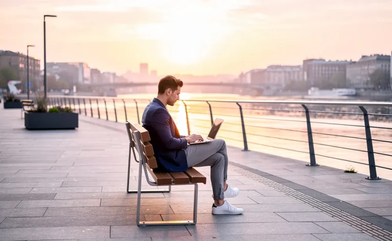 Un jeune entrepreneur assis sur un banc au bord d’un quai moderne tape sur un ordinateur portable, regardant le lever du soleil se refléter sur la rivière.