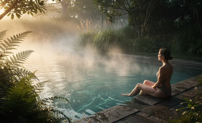 Une personne assise au bord d'une piscine thermale extérieure entourée de végétation, avec de la vapeur et la lumière douce du lever du soleil.