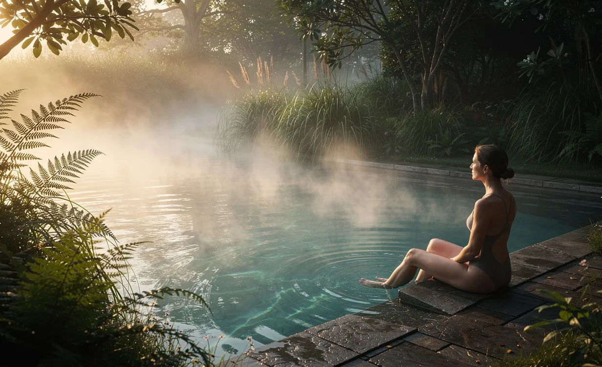 Une personne assise au bord d'une piscine thermale extérieure entourée de végétation, avec de la vapeur et la lumière douce du lever du soleil.