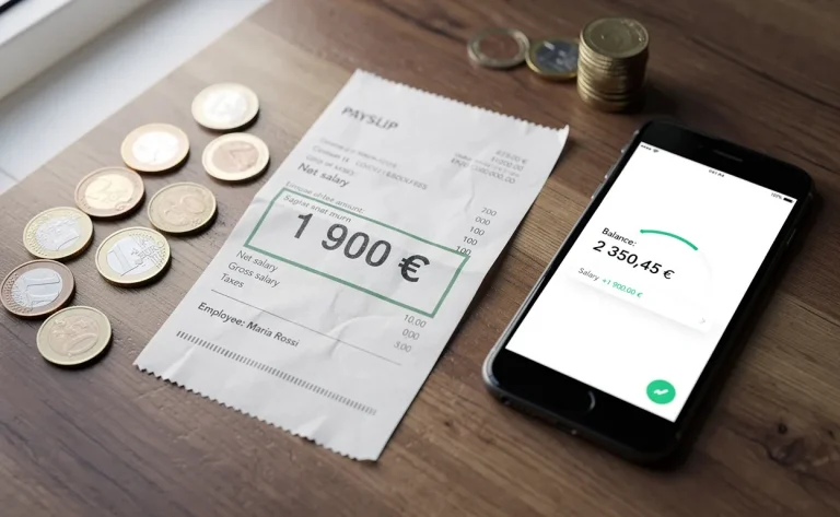 Un bulletin de salaire posé sur un bureau en bois montre 1900 euros en évidence, entouré de pièces d’euro et d’un smartphone affichant une application bancaire.