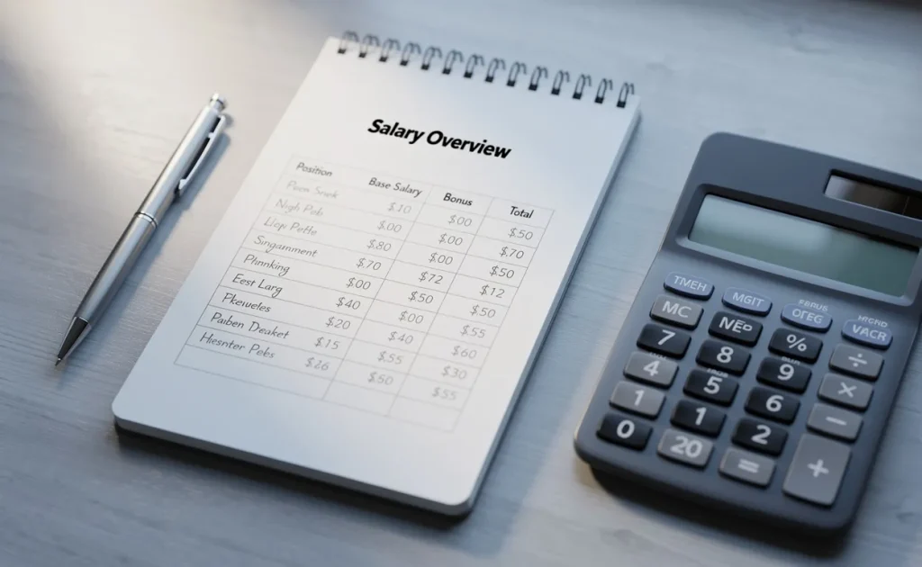 Un calculateur, un carnet ouvert sur un tableau de salaire et un stylo sont posés sur un bureau moderne éclairé par une lumière naturelle douce.
