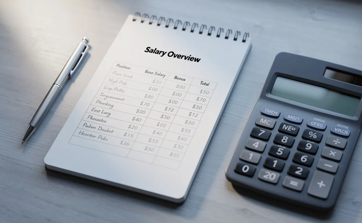 Un calculateur, un carnet ouvert sur un tableau de salaire et un stylo sont posés sur un bureau moderne éclairé par une lumière naturelle douce.