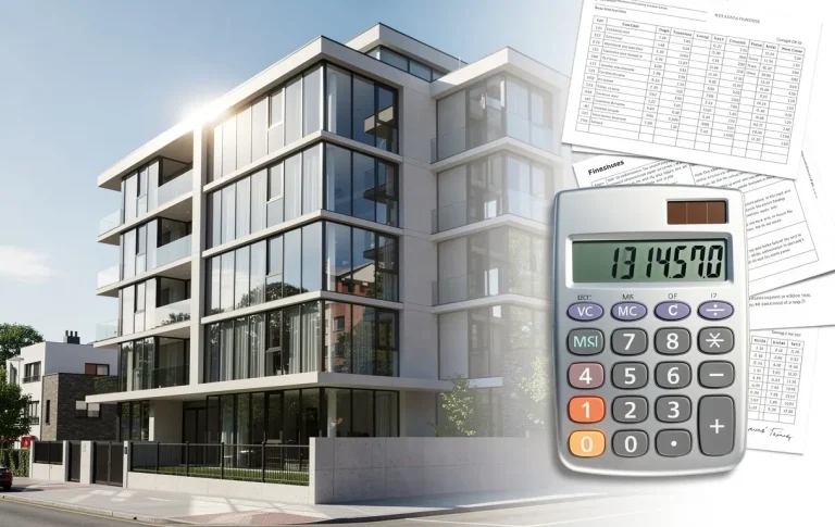 Un immeuble moderne avec une calculatrice et des documents superposés devant des fenêtres lumineuses.