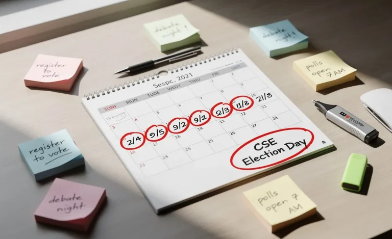 Un calendrier de bureau soigné montre des dates d’élection entourées en rouge, avec des notes autocollantes dispersées autour, sous une lumière naturelle.