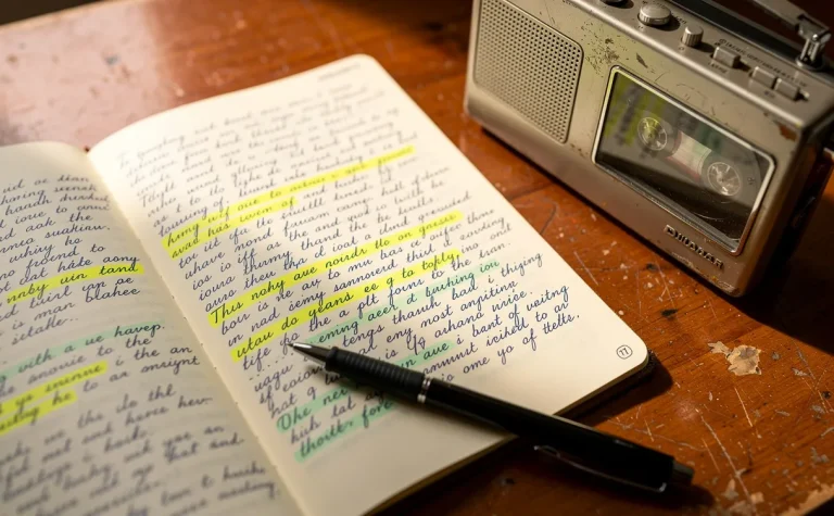 Un carnet ouvert rempli de notes manuscrites repose sur un bureau en bois avec un magnétophone ancien à côté, sous une lumière douce.