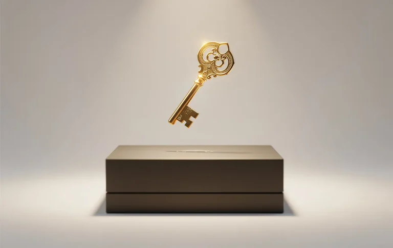 Un clé dorée lévite au-dessus d’une boîte élégante sur un fond minimaliste, éclairée par une lumière douce.