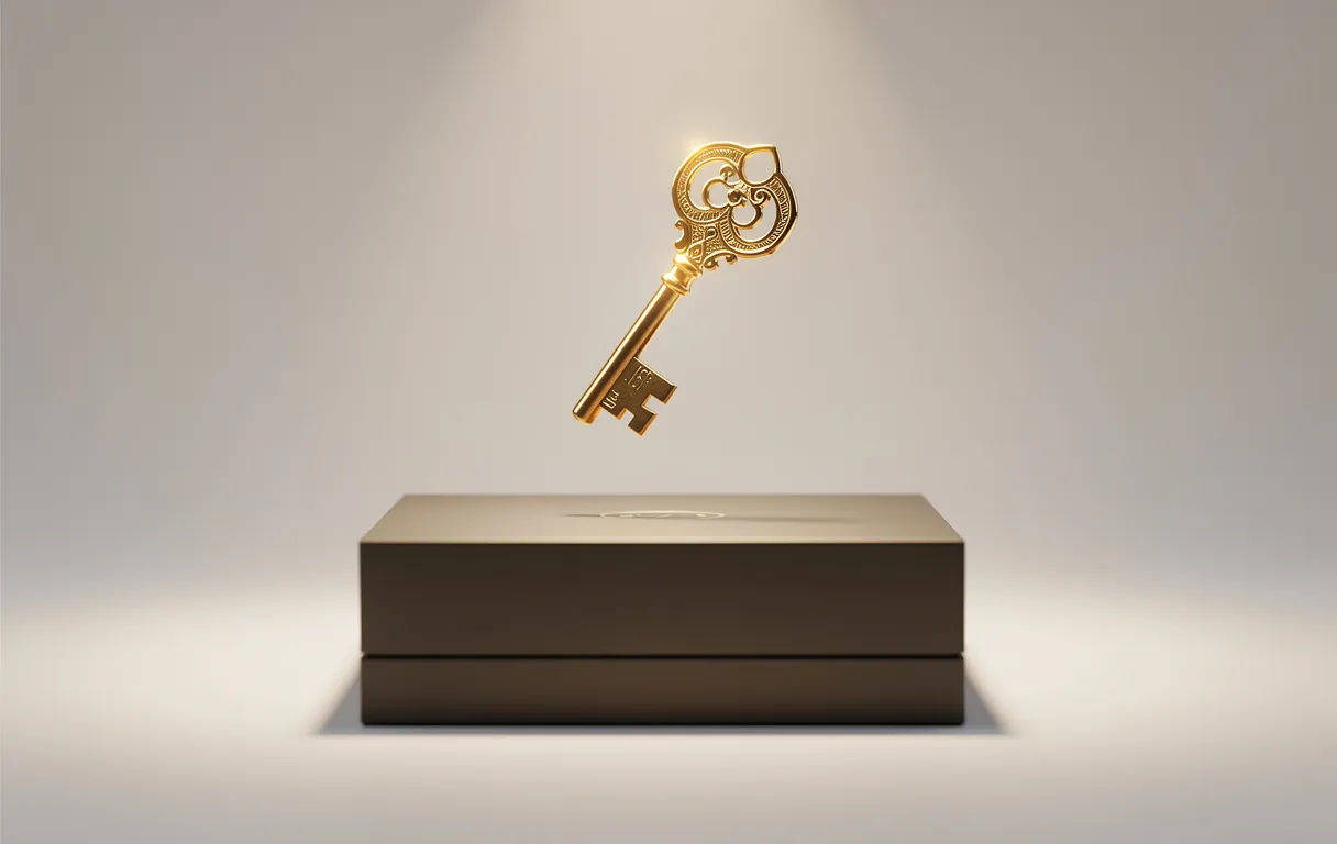 Un clé dorée lévite au-dessus d’une boîte élégante sur un fond minimaliste, éclairée par une lumière douce.