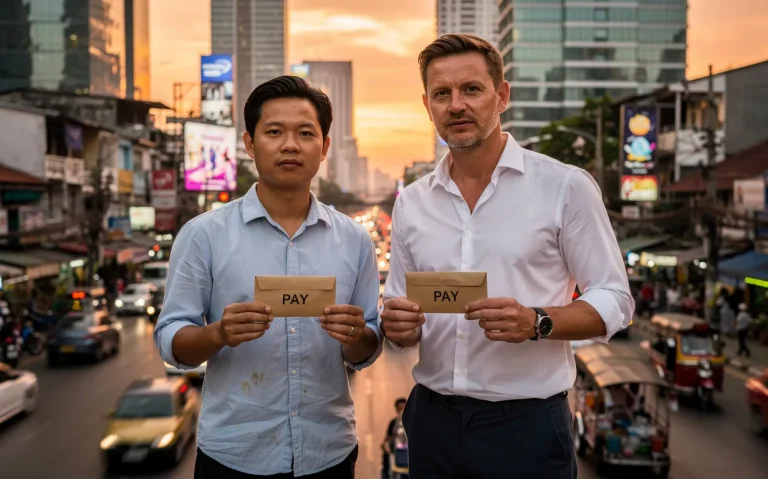 Un Thaïlandais et un expatrié occidental tiennent des enveloppes de salaire devant la ville animée de Bangkok au coucher du soleil.