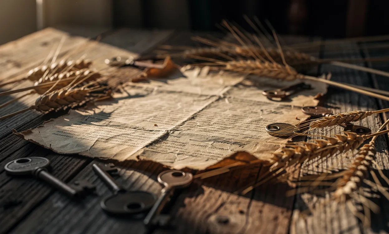 Un contrat usé repose sur une table en bois rustique, entouré de clés éparpillées et de tiges de blé séchées sous une lumière tamisée.