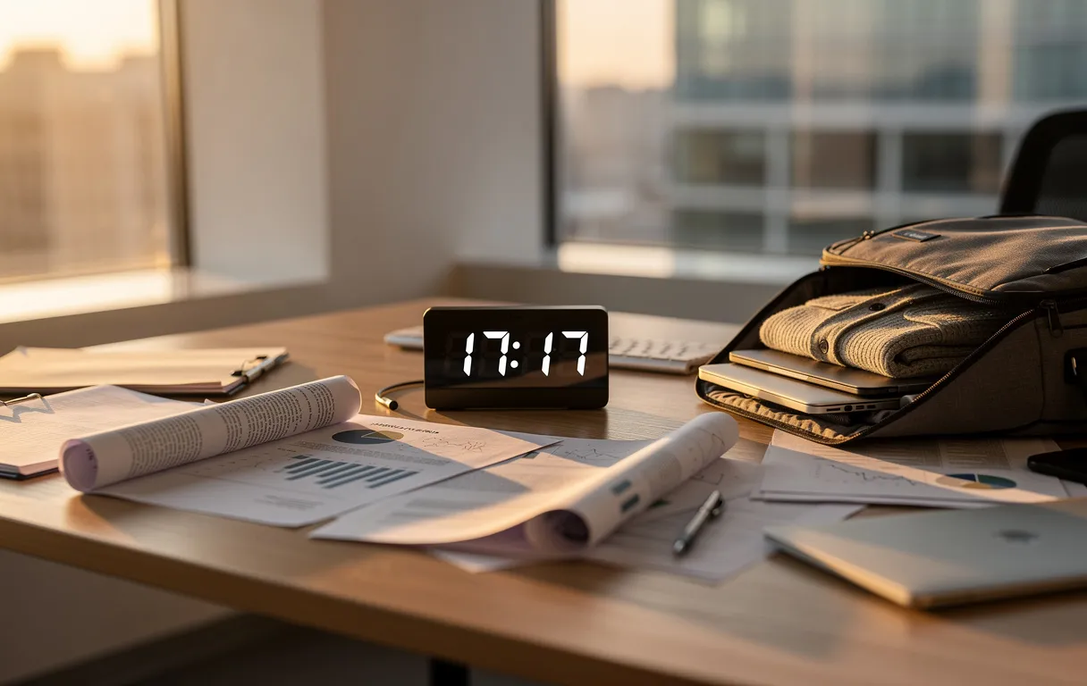 Un bureau moderne éclairé par la lumière dorée du soir avec une horloge affichant 17h17, des documents épars et un sac à moitié rempli.