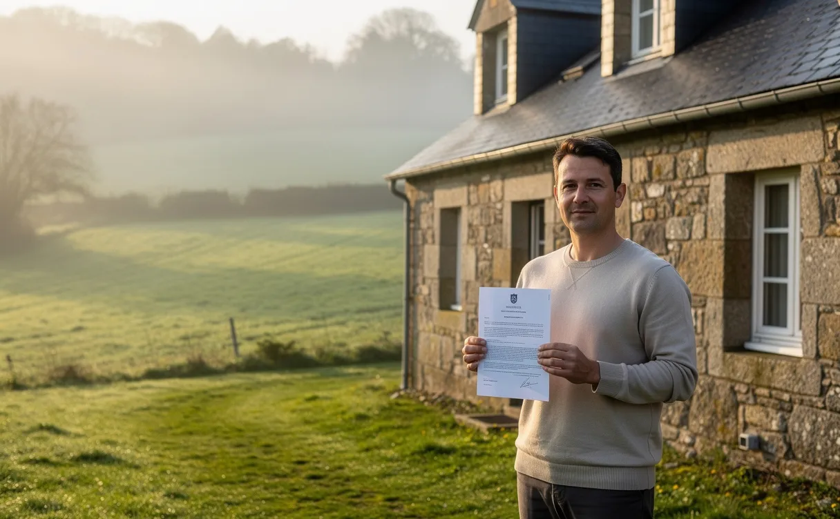Une personne tient un document officiel près d’un bâtiment en pierre traditionnelle dans la campagne calme des Côtes-d'Armor, avec des champs verts et une brume matinale en arrière-plan.