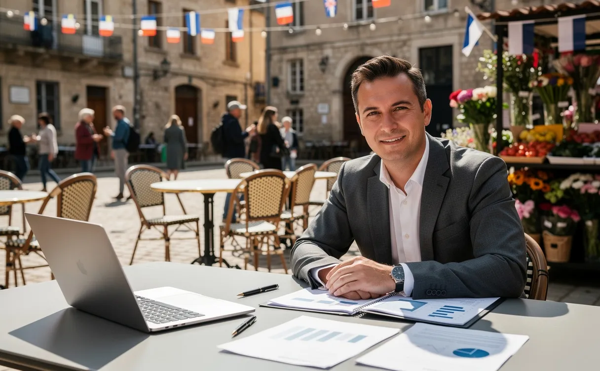 Un entrepreneur assis à un bureau moderne travaille sur un ordinateur portable avec des documents devant lui, dans une place de ville française décorée pour une fête.
