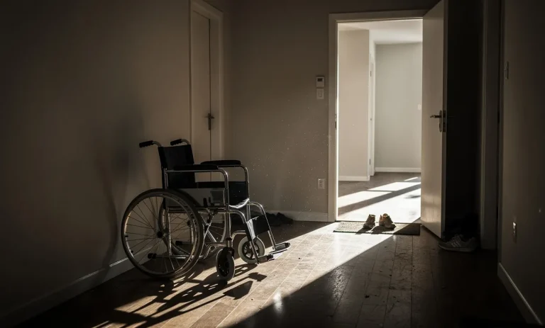 Un fauteuil roulant est posé près d’une porte d’appartement ouverte laissant entrer la lumière du soleil et projetant de longues ombres.