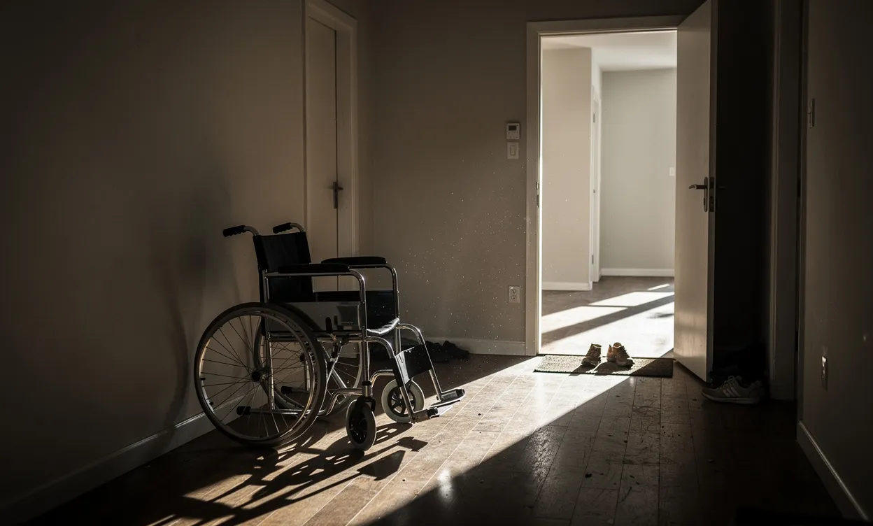 Un fauteuil roulant est posé près d’une porte d’appartement ouverte laissant entrer la lumière du soleil et projetant de longues ombres.