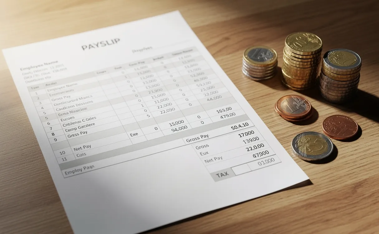 Une fiche de paie posée sur un bureau en bois, accompagnée de piles de pièces en euros à côté.