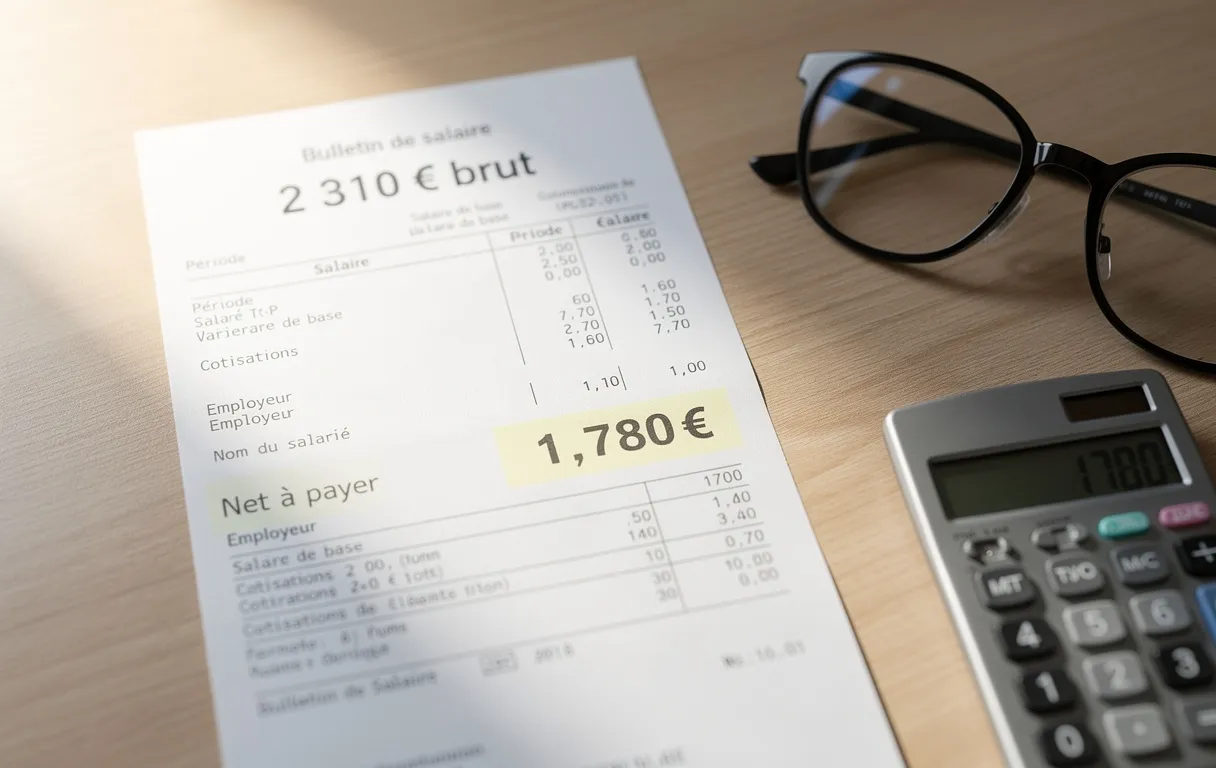 Un bulletin de salaire affichant 2 310 € brut repose sur un bureau en bois, à côté de lunettes et d’une calculatrice sous une lumière matinale.