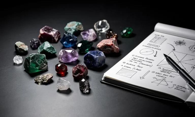 Des gemmes brutes et multicolores sont dispersées sur une table sombre, à côté d’un carnet de notes entrouvert.