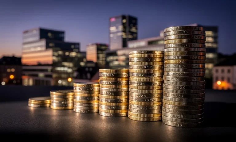 Des pièces d’euro sont empilées en colonnes croissantes devant les immeubles modernes de Luxembourg au crépuscule, illustrant l’augmentation du salaire minimum vers 2026.