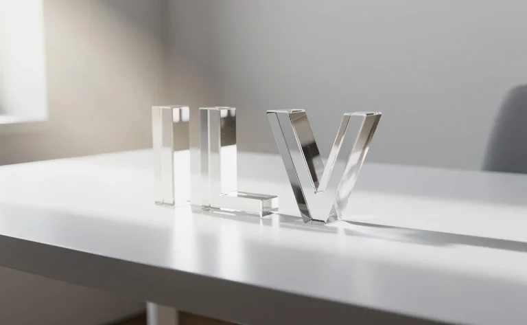 Les lettres transparentes ILV en verre reposent sur un bureau blanc sous un rayon de soleil doux.