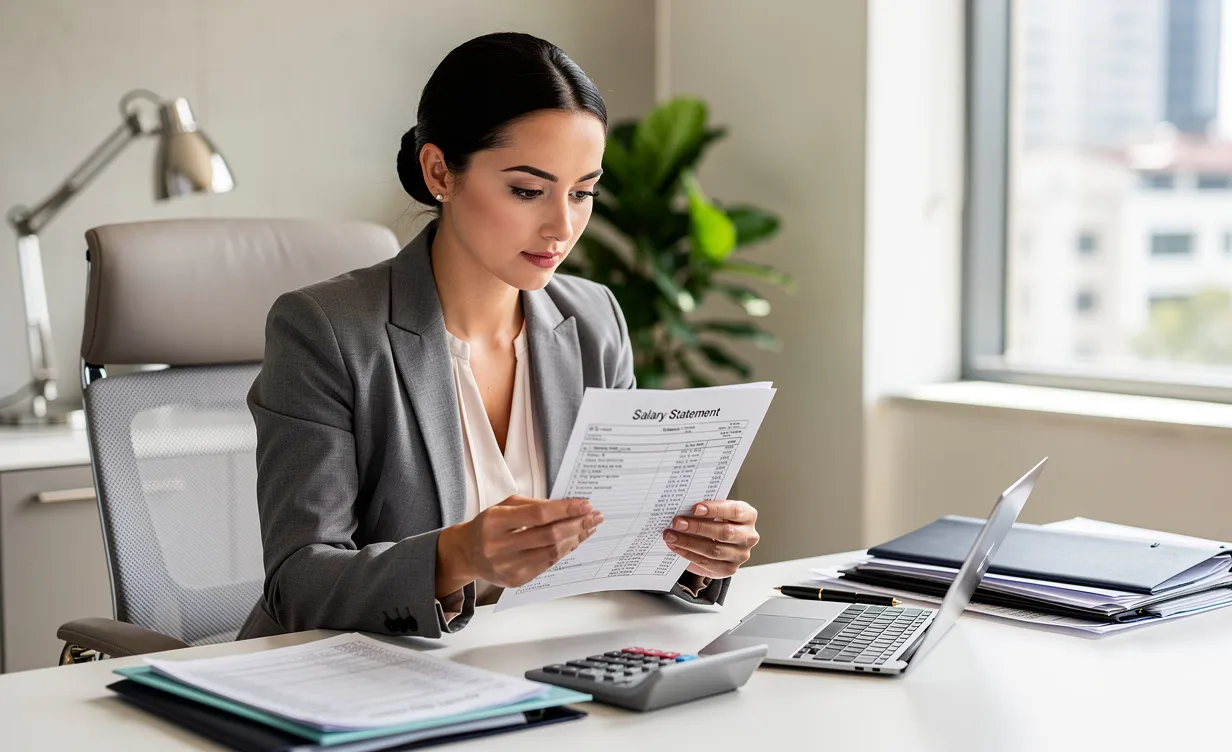 Une inspectrice du travail examine des documents à son bureau moderne avec une fiche de paie et une calculatrice à proximité, sous une lumière naturelle.