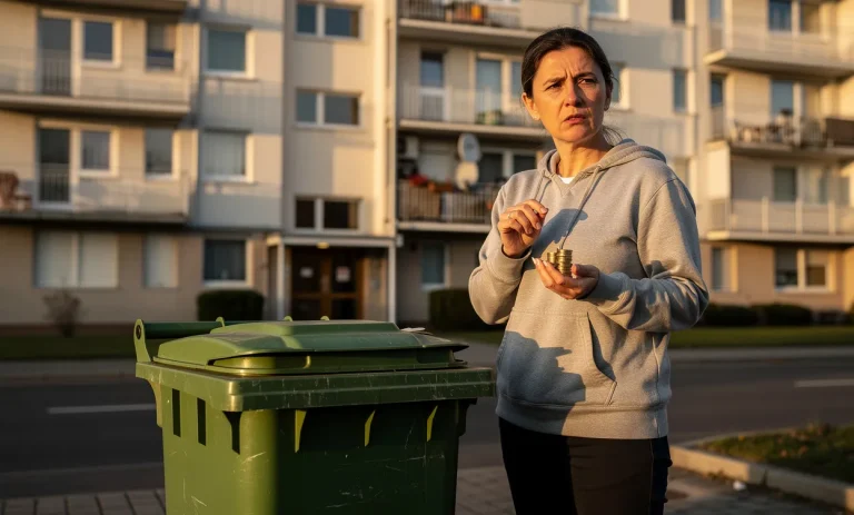 Un locataire tient quelques pièces devant une poubelle verte près d’un immeuble au petit matin.