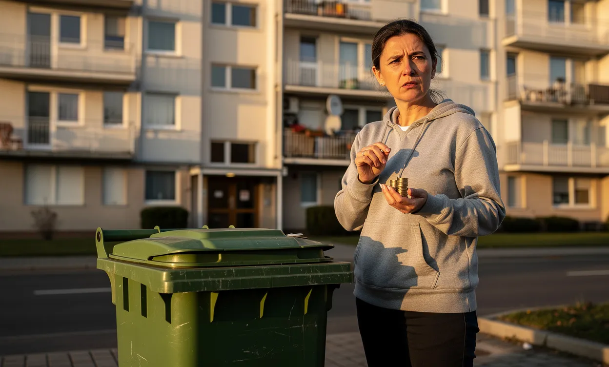 Un locataire tient quelques pièces devant une poubelle verte près d’un immeuble au petit matin.
