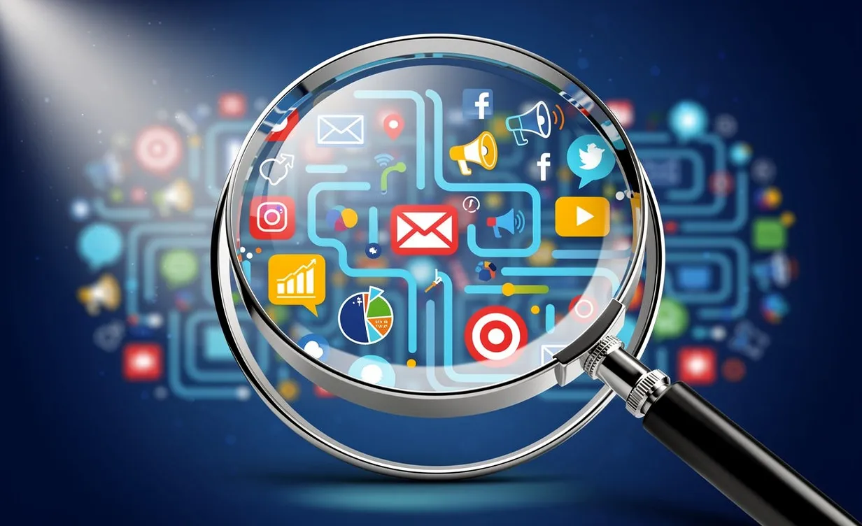 Une loupe met en évidence un labyrinthe d’icônes marketing colorées et de symboles de communication sur fond bleu sombre.