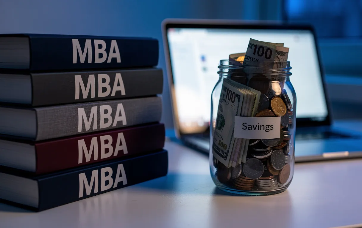Des livres empilés avec l'inscription MBA sont posés sur un bureau moderne à côté d'un bocal transparent rempli de pièces et de billets, éclairés par l'écran d'un ordinateur portable.