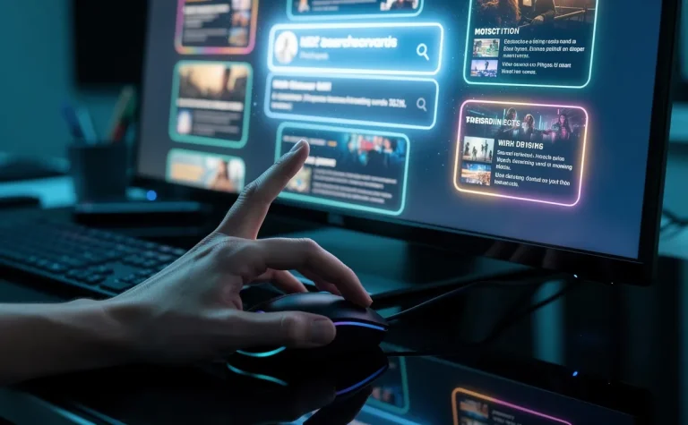 Une main s’apprête à cliquer sur un résultat de recherche lumineux affiché sur un écran d’ordinateur, entouré de publicités digitales aux reflets bleutés.