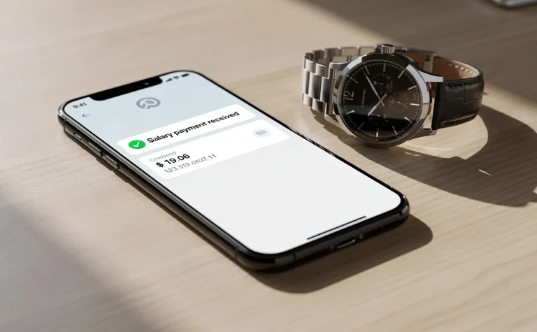 Un smartphone affichant une application bancaire avec une notification de salaire reçu est posé à côté d’une montre-bracelet sur un bureau en bois éclairé par une lumière matinale.