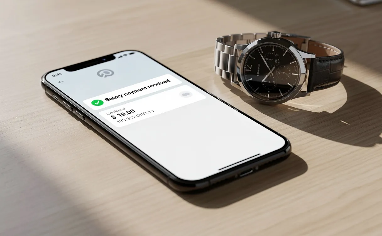 Un smartphone affichant une application bancaire avec une notification de salaire reçu est posé à côté d’une montre-bracelet sur un bureau en bois éclairé par une lumière matinale.