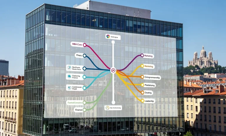 Vue photoréaliste d’un bâtiment moderne en verre à Lyon avec un schéma illustrant les parcours d’études MBA, en plein jour.