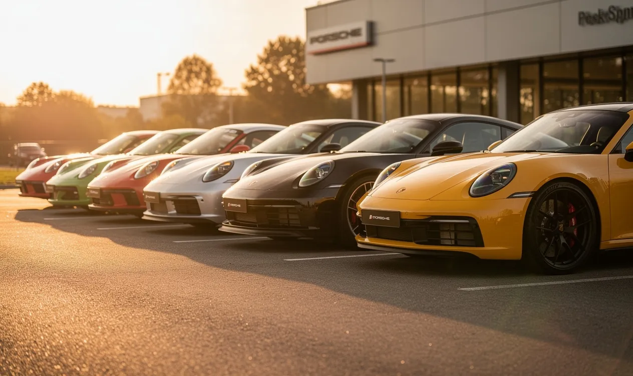 Des voitures de sport Porsche classiques et modernes alignées sur un parking de concessionnaire au coucher du soleil.