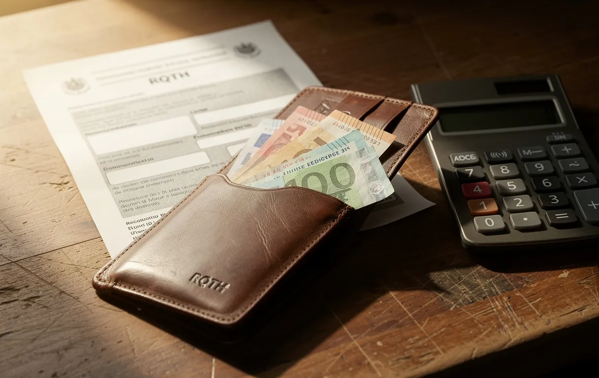 Un portefeuille ouvert contenant des billets d’euro repose sur un bureau en bois, à côté d’une calculatrice et d’un document RQTH sous une lumière douce.