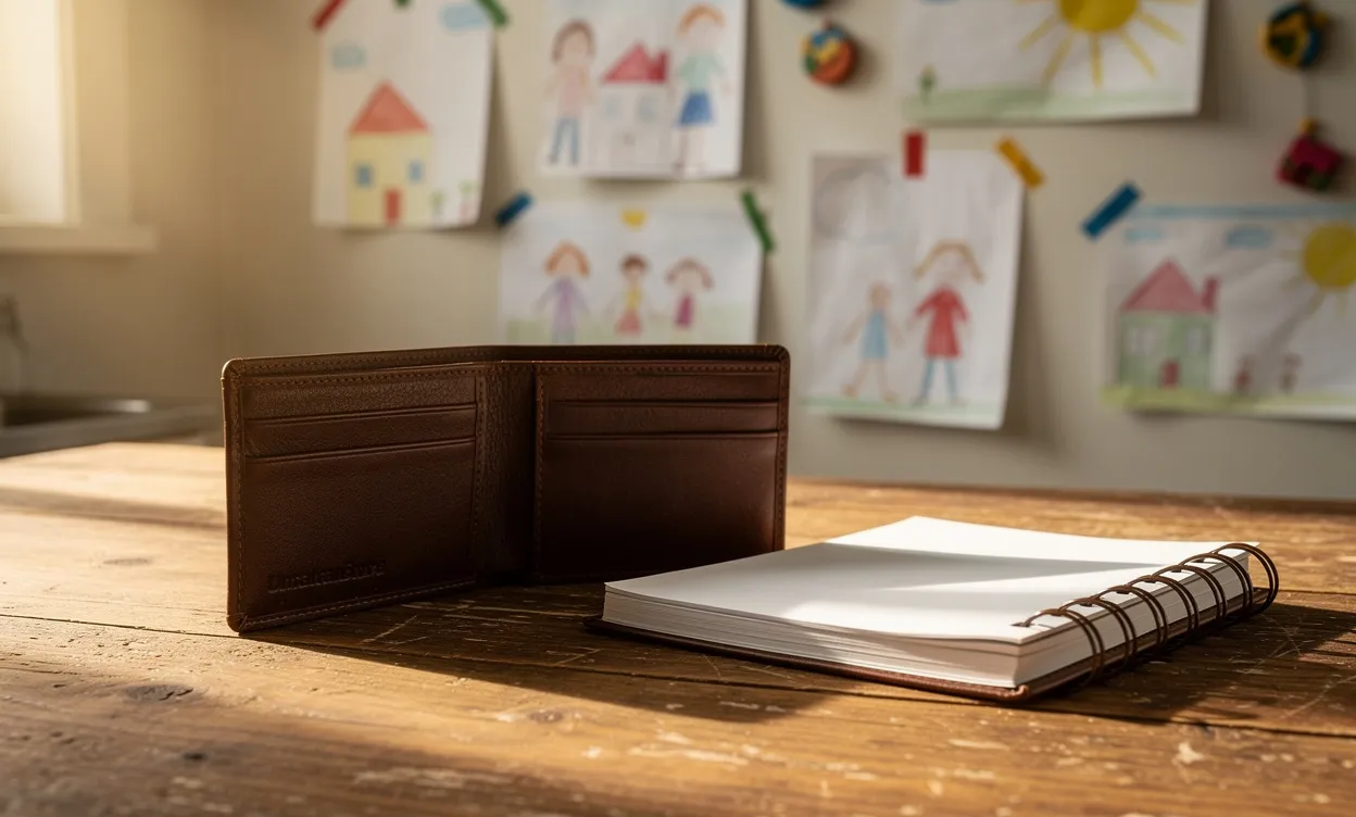 Un portefeuille ouvert repose sur une table en bois à côté d’un carnet, avec des dessins d’enfants accrochés au mur et de la lumière naturelle entrant par la fenêtre.