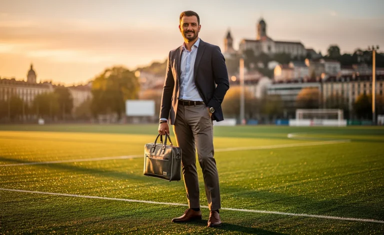Un professionnel du marketing se tient debout sur un terrain de sport à Lyon, tenant une mallette marquée, avec des silhouettes urbaines floues en arrière-plan sous une lumière matinale.