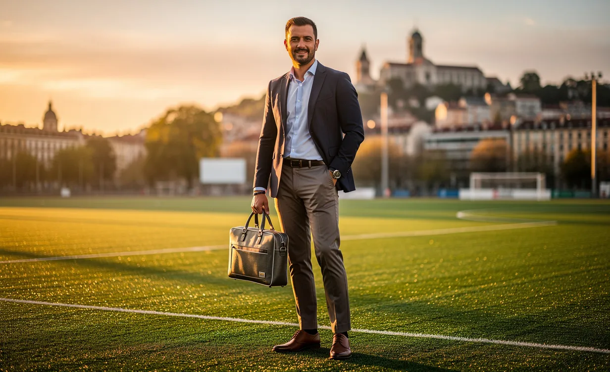 Un professionnel du marketing se tient debout sur un terrain de sport à Lyon, tenant une mallette marquée, avec des silhouettes urbaines floues en arrière-plan sous une lumière matinale.