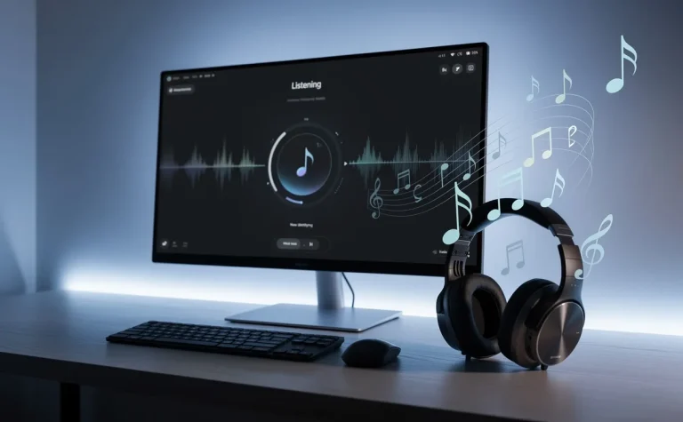 Un bureau d’ordinateur moderne avec un écran affichant une application de reconnaissance musicale, des écouteurs posés à côté et des notes de musique s’élevant dans une ambiance bleutée avec rétroéclairage LED.