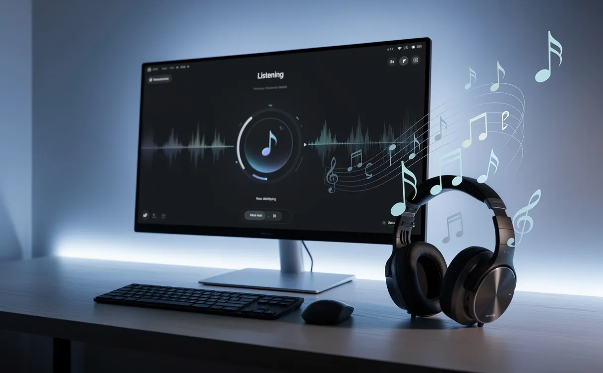 Un bureau d’ordinateur moderne avec un écran affichant une application de reconnaissance musicale, des écouteurs posés à côté et des notes de musique s’élevant dans une ambiance bleutée avec rétroéclairage LED.