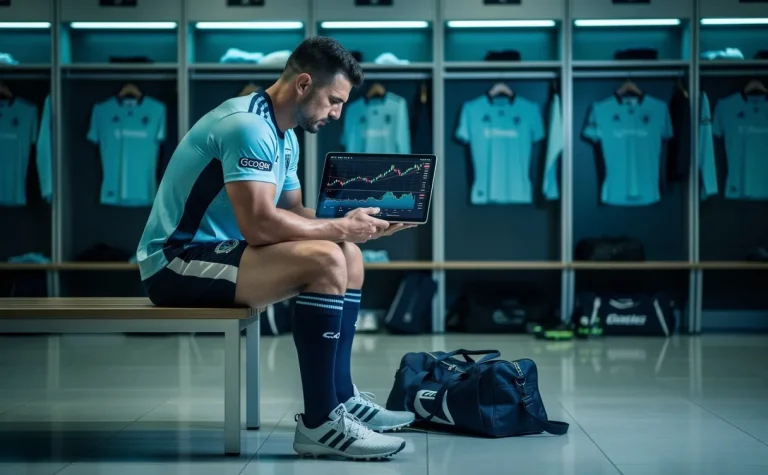 Un joueur de rugby assis seul dans un vestiaire moderne consulte attentivement des graphiques financiers sur une tablette, baigné par une lumière tamisée.