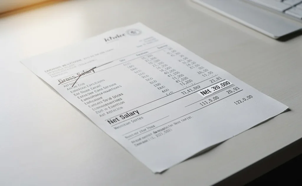 Une fiche de paie posée sur un bureau moderne montre un salaire brut barré et un salaire net mis en évidence, éclairée par une lumière naturelle venant d'une fenêtre de bureau.