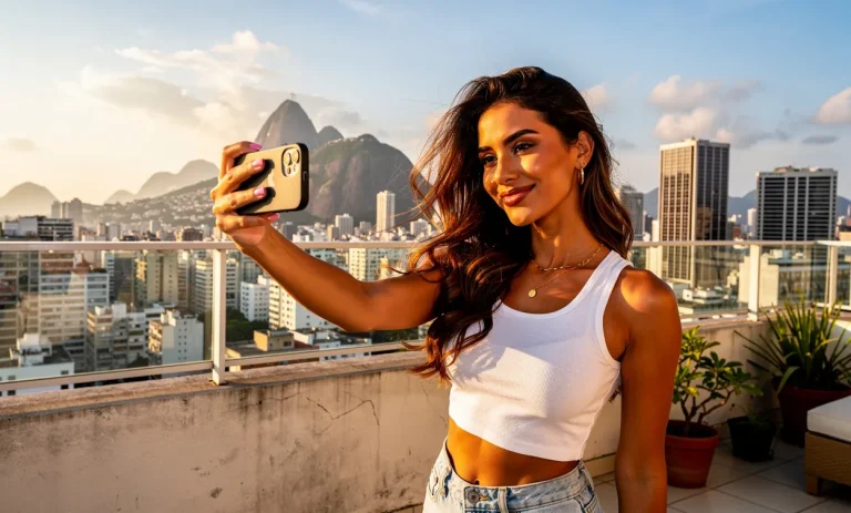Une influenceuse brésilienne souriante prend un selfie coloré sur un toit ensoleillé devant la ville de Rio de Janeiro et le Pain de Sucre.