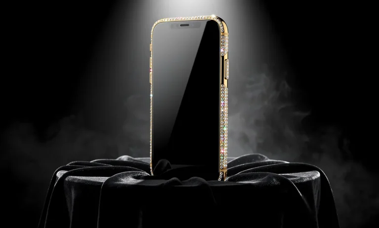 Un smartphone orné de diamants et d’or repose sur un piédestal en velours sous un éclairage intense.