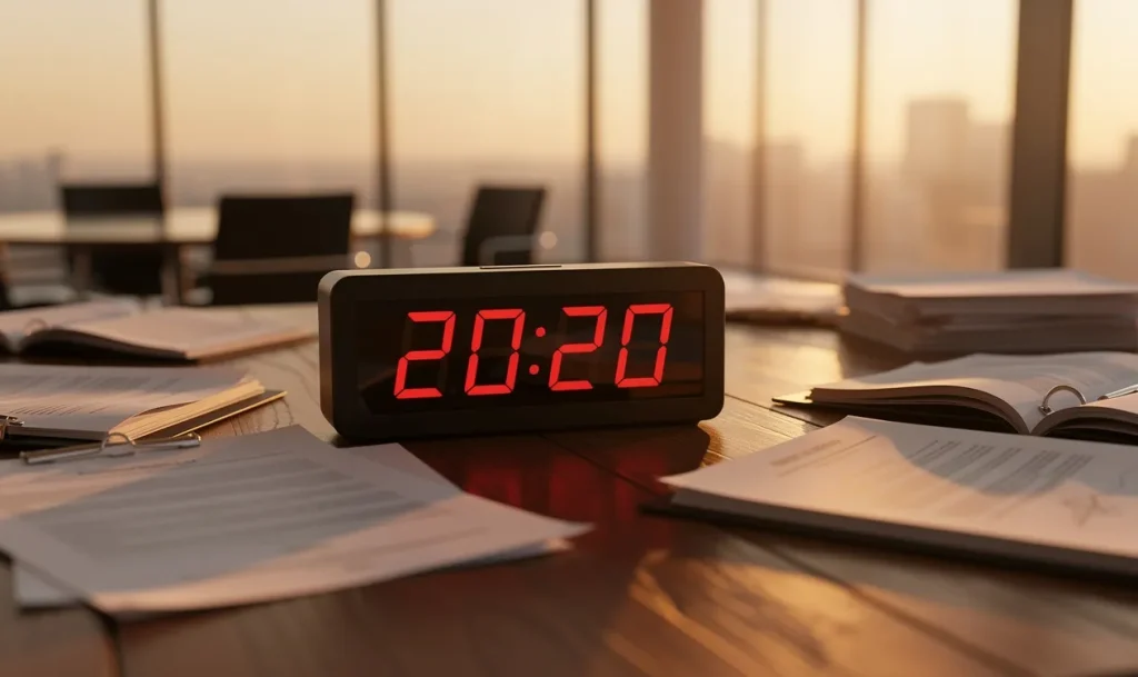Un réveil numérique affiche 20h20 sur un bureau encombré de papiers, baigné par la lumière dorée du soir filtrant à travers de grandes fenêtres.